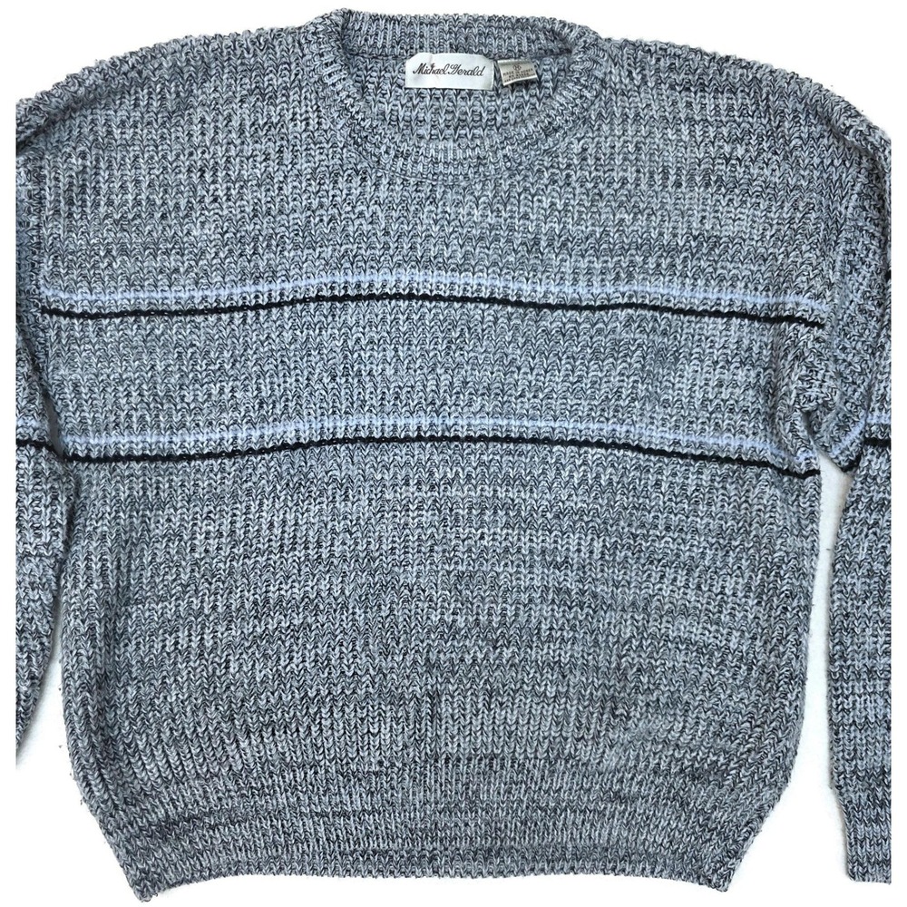 Vintage Michael Gerald Sweater Mens Medium Gray Marled Stripe Knit Pullover 80s